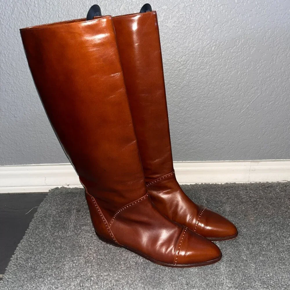 BASSOTTO KNEE HIGH RIDING BOOTS COGNAC LEATHER BROGUE DETAILS MADE IN ITALY EU40